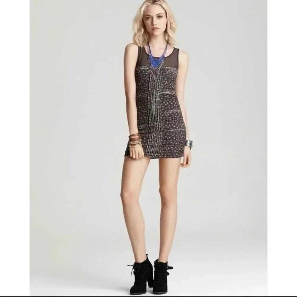 FREE PEOPLE Gray Floral Sleeveless Ruffle Shimmy Bodycon Mini Dress Small